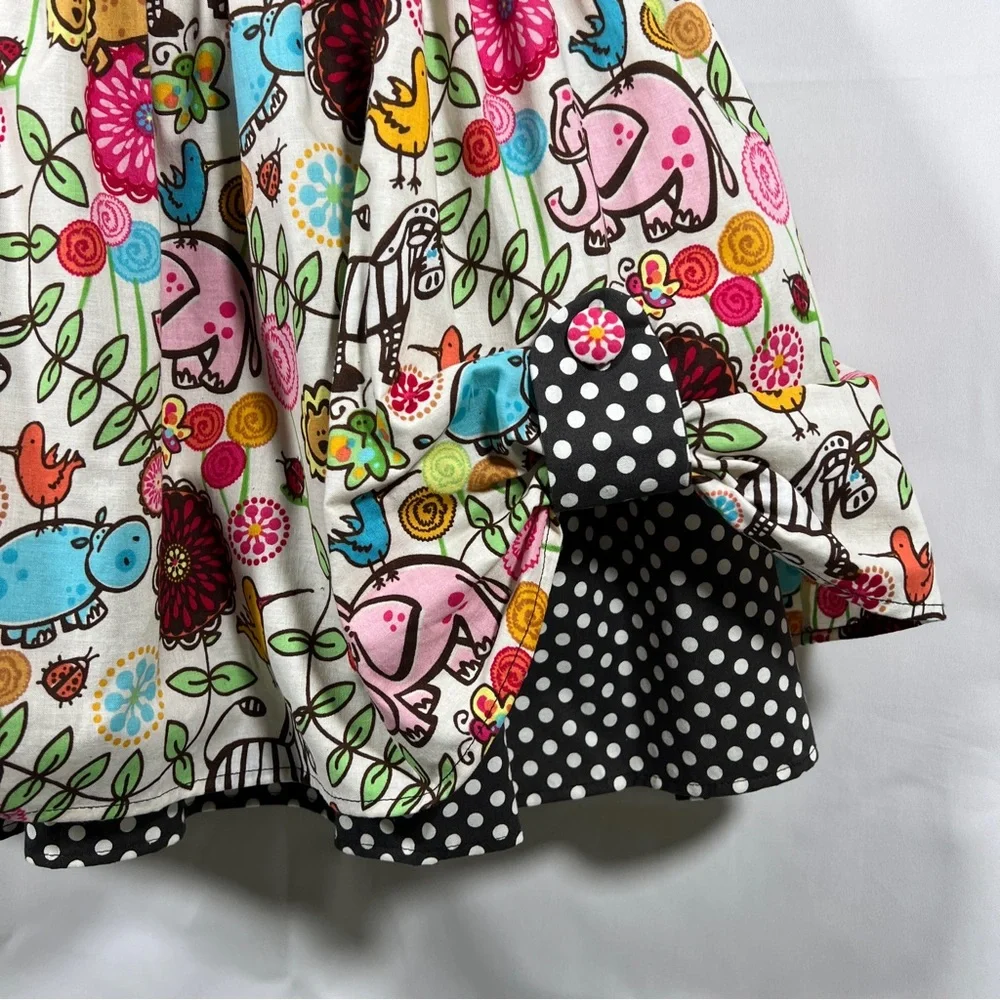 Dress Girls Size 5 Jungle Cotton Print Black White Polka Dots 90” Full Skirt